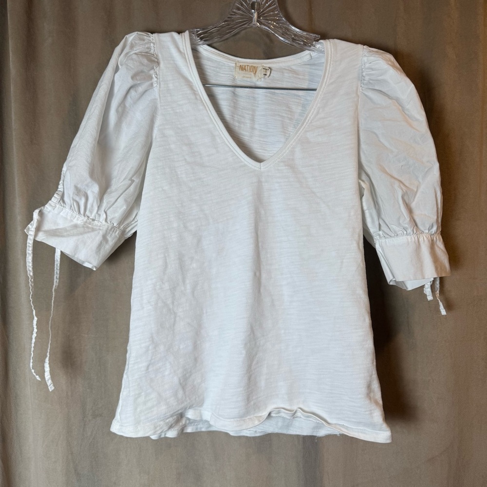 Nation‎ Puff Sleeve Blouse White Size S Jersey Cotton Size S V Neck
